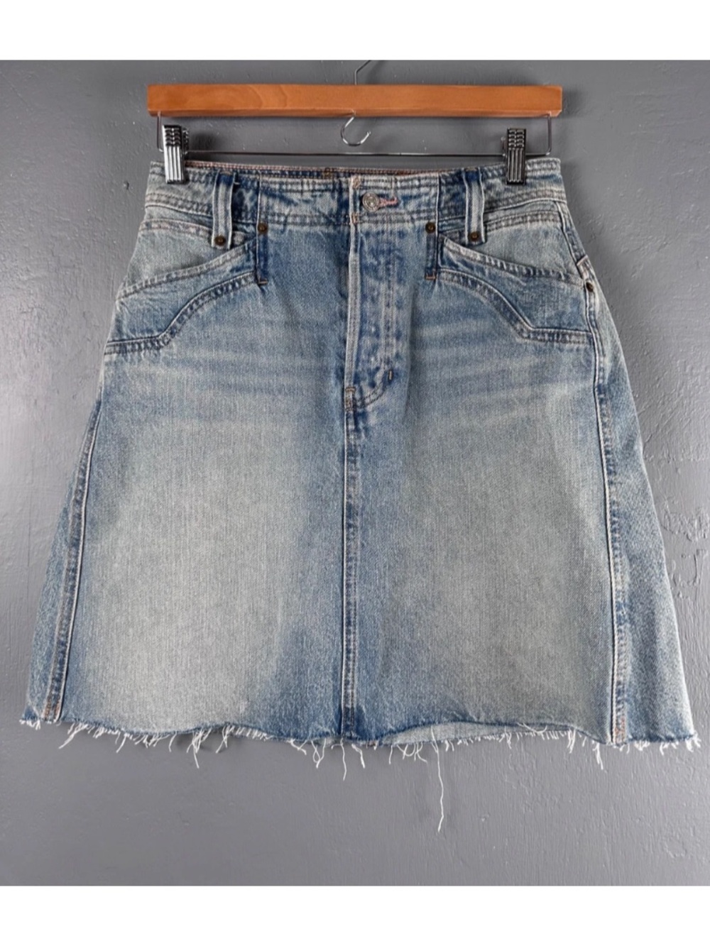 We The Free Sz 27 Blue Denim Button Fly Frayed Mini Skirt